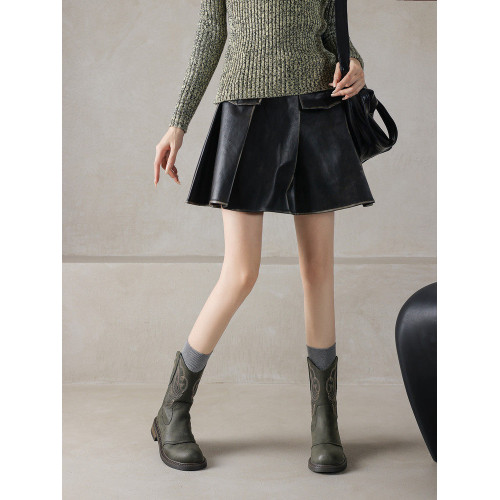 ladyblack大碼4041-43粗中跟刺綉後拉鍊短靴女厚底騎士西部短靴子