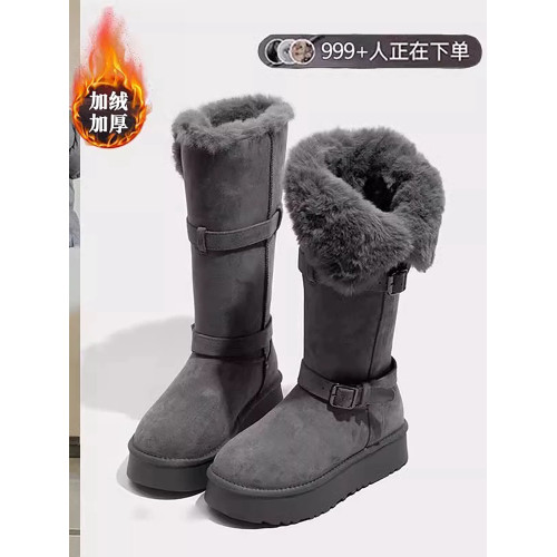 保暖灰色厚底雪地靴女款2025新款冬季加絨加厚中長筒雪地棉靴棉鞋