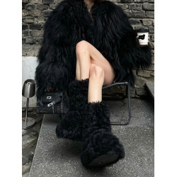 秋冬季新款歐美風毛毛雪地靴小衆辣妹保暖加厚毛毛靴黑色時尚百搭