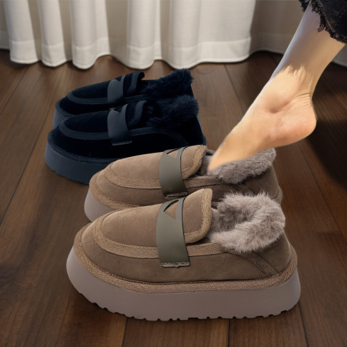 厚底低幫雪地靴女冬季皮毛一體加絨加厚保暖卡其色復古網紅棉鞋子