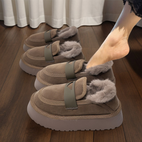 厚底低幫雪地靴女冬季皮毛一體加絨加厚保暖卡其色復古網紅棉鞋子