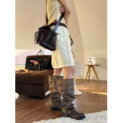 2026新款皮帶釦堆堆靴過膝粗跟復古做舊長筒靴韓版靴小衆工裝靴女