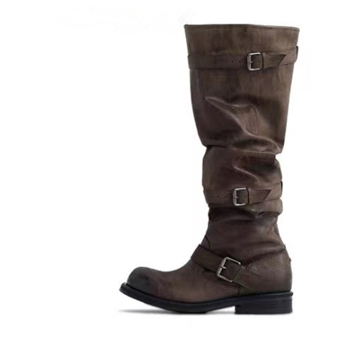 2026新款皮帶釦堆堆靴過膝粗跟復古做舊長筒靴韓版靴小衆工裝靴女 2026新款皮帶釦堆堆靴過膝粗跟復古做舊長筒靴韓版靴小衆工裝靴女