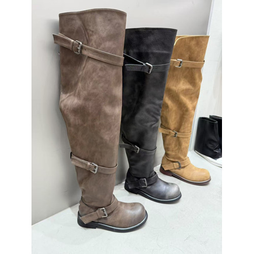 2026新款皮帶釦堆堆靴過膝粗跟復古做舊長筒靴韓版靴小衆工裝靴女 2026新款皮帶釦堆堆靴過膝粗跟復古做舊長筒靴韓版靴小衆工裝靴女