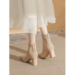 微先生絨面高跟短靴女 顯瘦不累腳短筒靴女 加絨粗跟杏色瘦瘦靴女