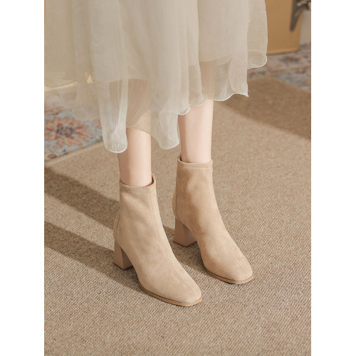 微先生絨面高跟短靴女 顯瘦不累腳短筒靴女 加絨粗跟杏色瘦瘦靴女