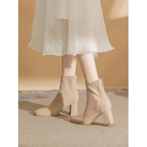 微先生絨面高跟短靴女 顯瘦不累腳短筒靴女 加絨粗跟杏色瘦瘦靴女