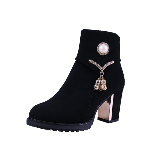 中跟短靴女粗跟2023新款秋冬踝靴加絨短筒高跟鞋絨面顯瘦圓頭棉靴