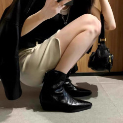 牛皮版~時髦尖頭V口顯瘦粗跟皺感西部短靴女真皮馬丁靴單靴小踝靴
