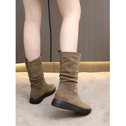 厚底防滑磨砂高靴女真皮冬季加絨中筒靴坡跟雪地靴保暖棉鞋馬丁靴