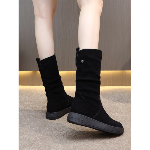 厚底防滑磨砂高靴女真皮冬季加絨中筒靴坡跟雪地靴保暖棉鞋馬丁靴