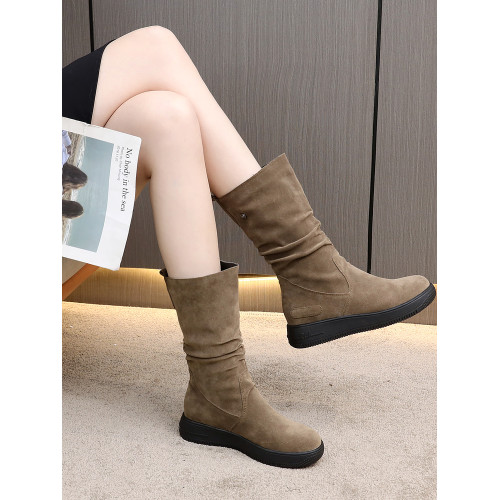 厚底防滑磨砂高靴女真皮冬季加絨中筒靴坡跟雪地靴保暖棉鞋馬丁靴