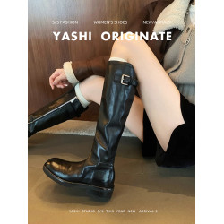 牛皮版~真皮長筒靴女2025秋冬新款復古顯瘦高筒長靴粗跟騎士靴子