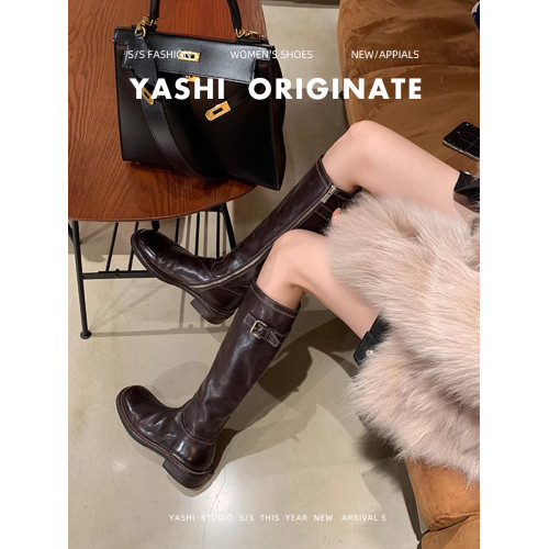 牛皮版~真皮長筒靴女2025秋冬新款復古顯瘦高筒長靴粗跟騎士靴子