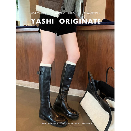 牛皮版~真皮長筒靴女2025秋冬新款復古顯瘦高筒長靴粗跟騎士靴子