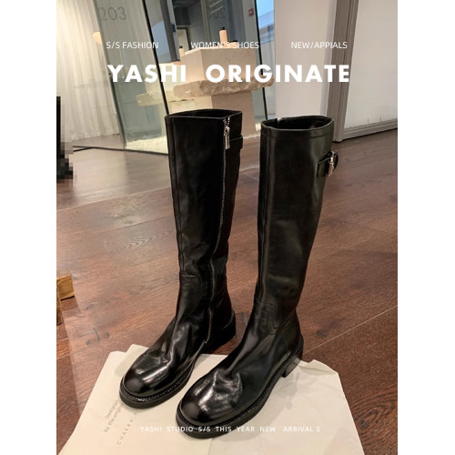 牛皮版~真皮長筒靴女2025秋冬新款復古顯瘦高筒長靴粗跟騎士靴子