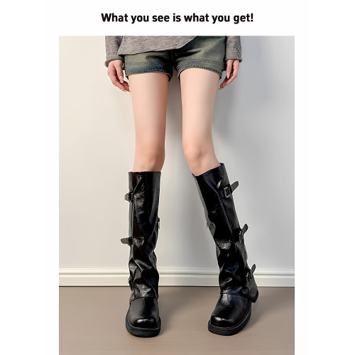 樂雅大碼女鞋粗腿胖mm皮帶釦女靴大筒圍堆堆靴中筒長筒靴子褲琯靴