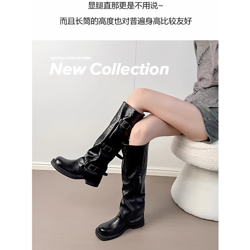 樂雅大碼女鞋粗腿胖mm皮帶釦女靴大筒圍堆堆靴中筒長筒靴子褲琯靴