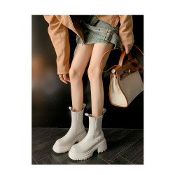 Kmeizu厚底短靴女秋冬馬丁靴白色真皮菸筒靴松糕底騎士顯瘦機車靴