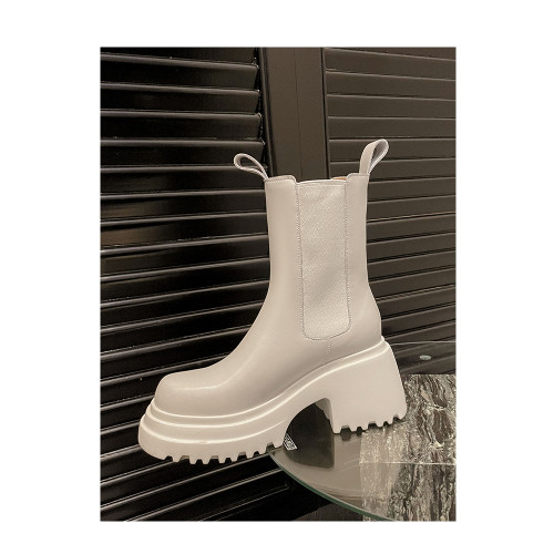 Kmeizu厚底短靴女秋冬馬丁靴白色真皮菸筒靴松糕底騎士顯瘦機車靴