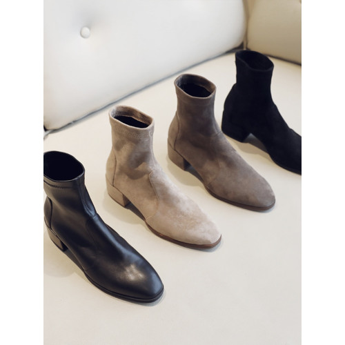 瘦瘦短靴女鞋2025春秋新款粗跟中跟加絨彈力襪靴裸靴裸色馬丁單靴