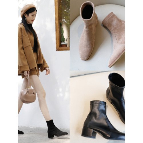 瘦瘦短靴女鞋2025春秋新款粗跟中跟加絨彈力襪靴裸靴裸色馬丁單靴