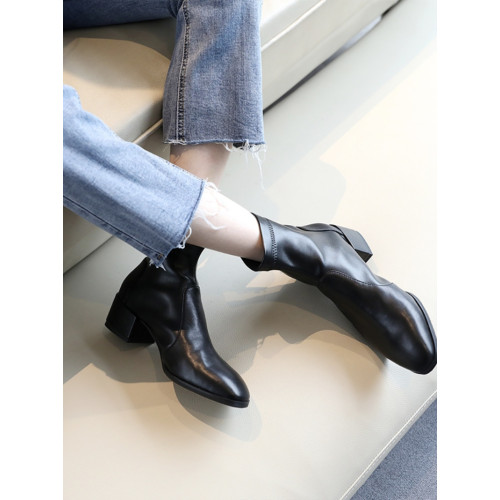 瘦瘦短靴女鞋2025春秋新款粗跟中跟加絨彈力襪靴裸靴裸色馬丁單靴