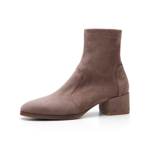 瘦瘦短靴女鞋2025春秋新款粗跟中跟加絨彈力襪靴裸靴裸色馬丁單靴