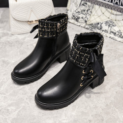 小香風靴子女2025年秋冬新款百搭瘦瘦靴短靴粗跟馬丁靴女高跟單靴