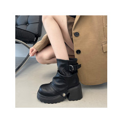 厚底騎士靴女2026年春季新款黑色高跟堆堆靴10cm內增高馬丁靴百搭
