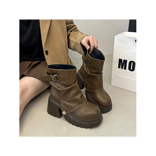 厚底騎士靴女2026年春季新款黑色高跟堆堆靴10cm內增高馬丁靴百搭