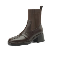 品牌撤櫃真皮針織筒粗跟短靴女2025秋冬新款高跟彈力瘦瘦靴馬丁靴