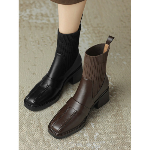 品牌撤櫃真皮針織筒粗跟短靴女2025秋冬新款高跟彈力瘦瘦靴馬丁靴 品牌撤櫃真皮針織筒粗跟短靴女2025秋冬新款高跟彈力瘦瘦靴馬丁靴