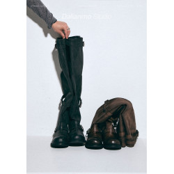 黑色復古做舊長筒靴女皮帶套筒堆積靴軟筒堆堆靴顯瘦長靴韓版靴子