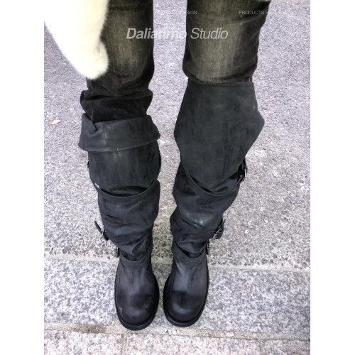 黑色復古做舊長筒靴女皮帶套筒堆積靴軟筒堆堆靴顯瘦長靴韓版靴子 黑色復古做舊長筒靴女皮帶套筒堆積靴軟筒堆堆靴顯瘦長靴韓版靴子