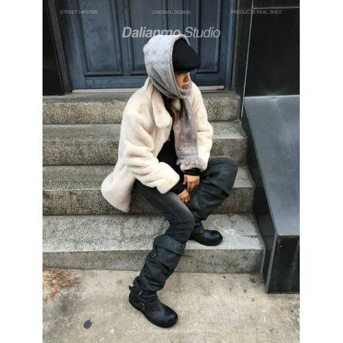 黑色復古做舊長筒靴女皮帶套筒堆積靴軟筒堆堆靴顯瘦長靴韓版靴子 黑色復古做舊長筒靴女皮帶套筒堆積靴軟筒堆堆靴顯瘦長靴韓版靴子