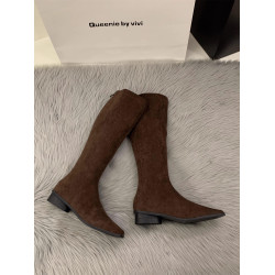 粗跟尖頭絨面瘦瘦長筒靴女鞋2025新款秋冬季韓版長靴中筒騎士靴子