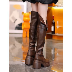 爆款過膝靴女春秋新款圓頭高跟長靴粗跟厚底兩穿皮面百搭高筒靴子