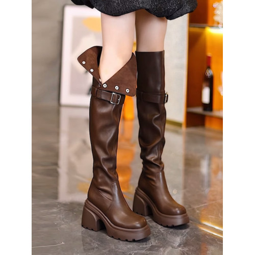 爆款過膝靴女春秋新款圓頭高跟長靴粗跟厚底兩穿皮面百搭高筒靴子