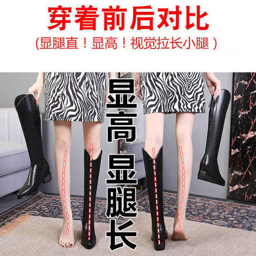 牛皮靴子女長筒靴2025新款秋冬加絨v口尖頭黑色內增高西部牛仔靴 牛皮靴子女長筒靴2025新款秋冬加絨v口尖頭黑色內增高西部牛仔靴