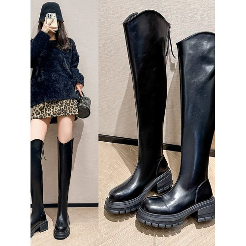 特大碼過膝長靴胖mm粗腿加絨秋冬款厚底皮靴大筒圍顯瘦加寬款筒靴