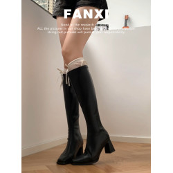 牛皮版~英倫方頭粗跟長筒彈力瘦瘦靴女後拉鍊高跟長靴高筒騎士靴