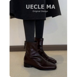 水洗羊皮~今年超火靴子~短靴女秋冬2025新款馬丁靴棕色法式瘦瘦靴