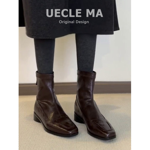 水洗羊皮~今年超火靴子~短靴女秋冬2025新款馬丁靴棕色法式瘦瘦靴 水洗羊皮~今年超火靴子~短靴女秋冬2025新款馬丁靴棕色法式瘦瘦靴