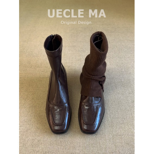 水洗羊皮~今年超火靴子~短靴女秋冬2025新款馬丁靴棕色法式瘦瘦靴 水洗羊皮~今年超火靴子~短靴女秋冬2025新款馬丁靴棕色法式瘦瘦靴