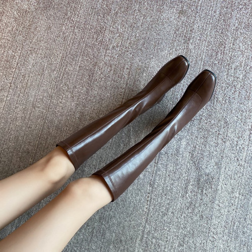 2025年春秋新款騎士靴女跟中筒彈力靴顯瘦長靴棕色百搭長筒靴子