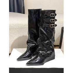 品牌撤櫃真皮法式尖頭坡跟長筒靴女2025秋冬新款增高褲琯靴馬丁靴