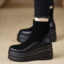 厚底松糕鞋軟皮坡跟短靴女秋冬季增高厚底單靴松糕加絨黑色馬丁靴