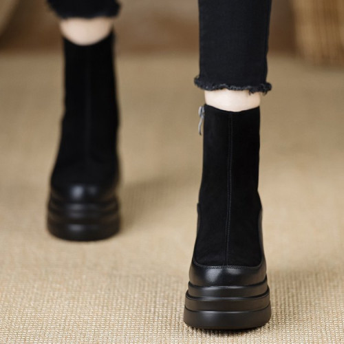 厚底松糕鞋軟皮坡跟短靴女秋冬季增高厚底單靴松糕加絨黑色馬丁靴