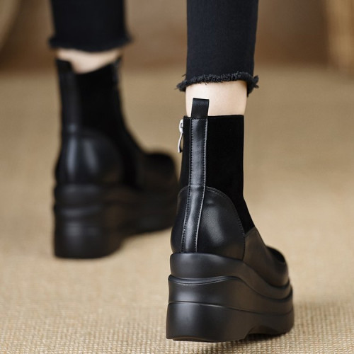 厚底松糕鞋軟皮坡跟短靴女秋冬季增高厚底單靴松糕加絨黑色馬丁靴